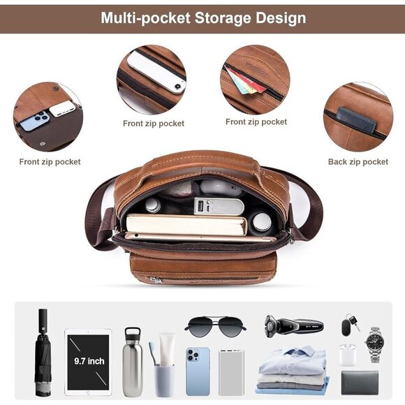 💫 Coscooa Leather Crossbody Bag Men Brown Messenger Satchel Travel Shoulder Bag - Picture 4 of 7
